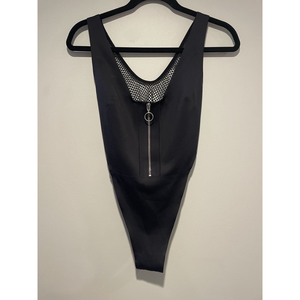 ASOS Black Thong Bodysuit Size 10 High Cut Mesh Back Zipper Front